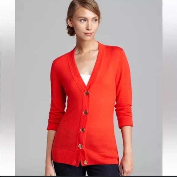Tory Burch Sweaters - Tory Burch red cotton blend button down v neck lightweight Simone cardigan